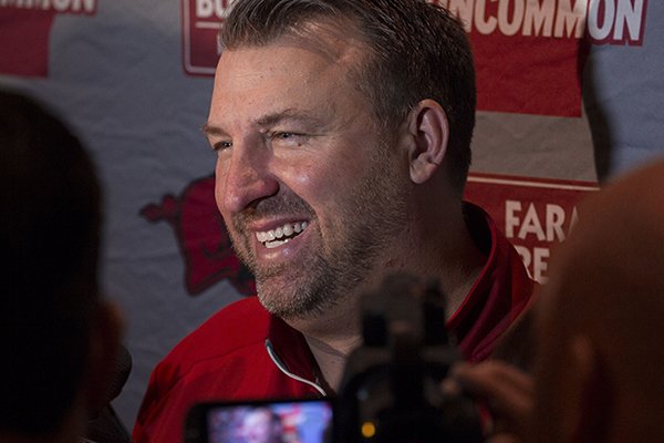 Arkansas coach Bret Bielema speaks to reporters on Monday, Dec. 28, 2015, at the Peabody Hotel in Memphis, Tenn.