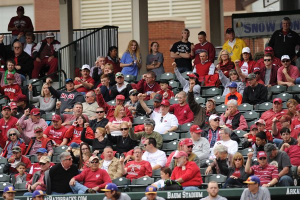 Arkansas fans call the Hogs during the Razorbacks' game against Western Illinois on Saturday, March 12, 2016, at Baum Stadium in Fayetteville.
