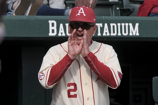 Arkansas coach Dave Van Horn yells from the umpire during a game against Eastern Illinois on Sunday, March 6, 2016, at Baum Stadium in Fayetteville. 