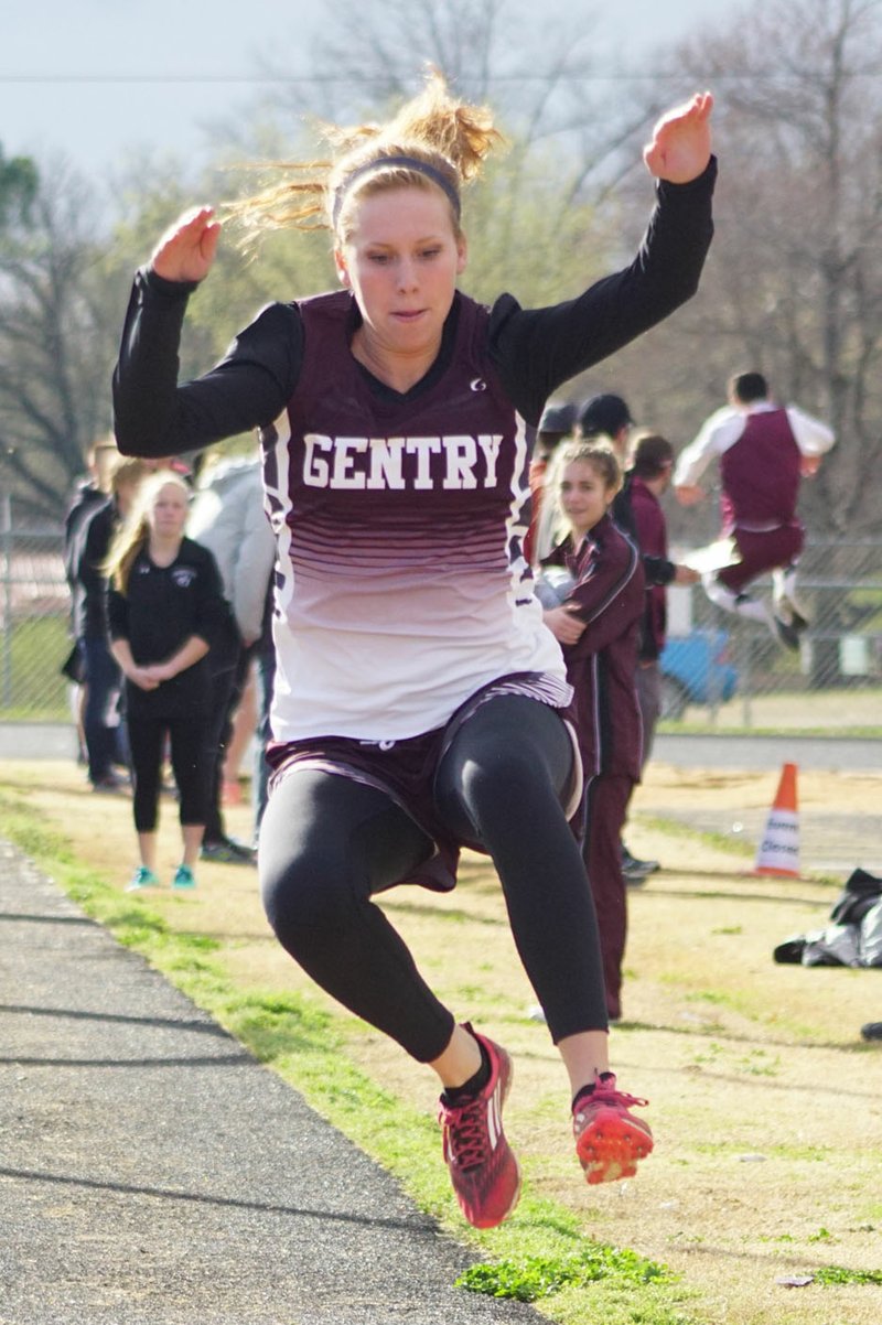 Photo by Randy Moll Mallory Morris competes in the long jump during the Panther Relays held Thursday, March 10, 2016, in Siloam Springs.