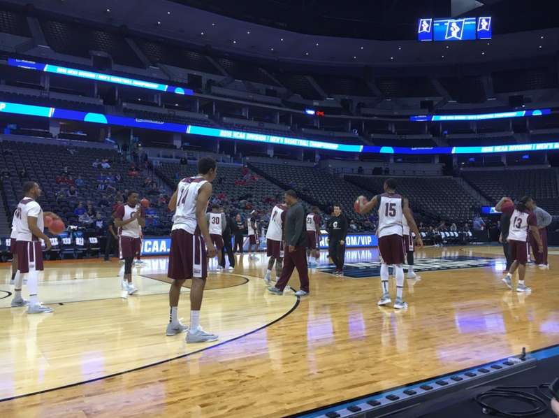 The UALR men’s basketball team holds a short workout on the floor of the Pepsi Center in Denver Wednesday.
