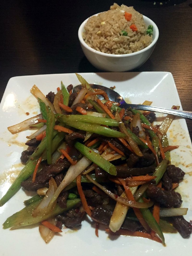 Shredded Beef Szechuan Style is served with fried rice at Fu Lin in Little Rock.
