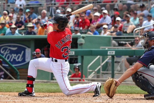 Andrew Benintendi had two hits in his spring training debut with the Boston Red Sox on Friday, March 18, 2016, in Fort Myers, Florida.