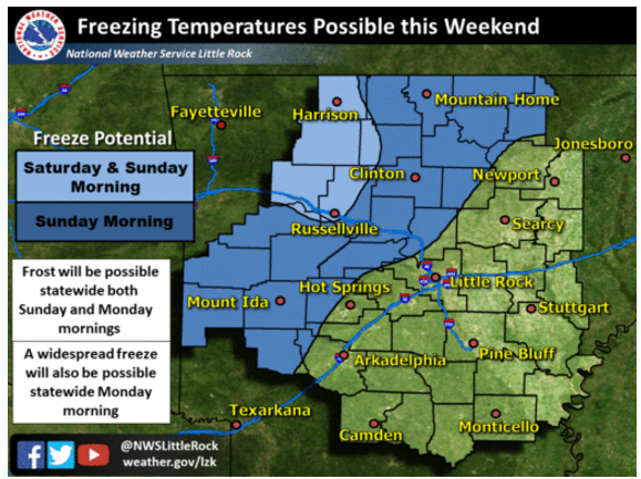 This National Weather Service graphic shows areas of the state likely to see freezing temperatures this weekend.