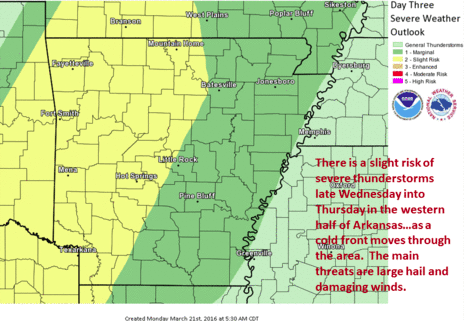 The National Weather Service in Little Rock said a mid-week cold front could produce severe weather in western Arkansas starting Wednesday. 
