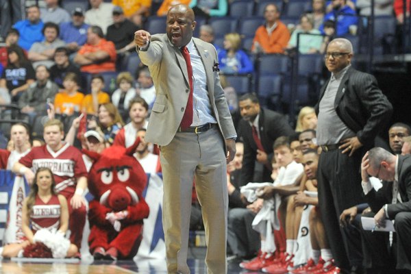 Arkansas coach Mike Anderson reacts to his team in the first half of the Razorbacks' 68-61 loss to Florida Thursday, March 10, 2016 at SEC Basketball tournament at Bridgestone Arena in Nashville.