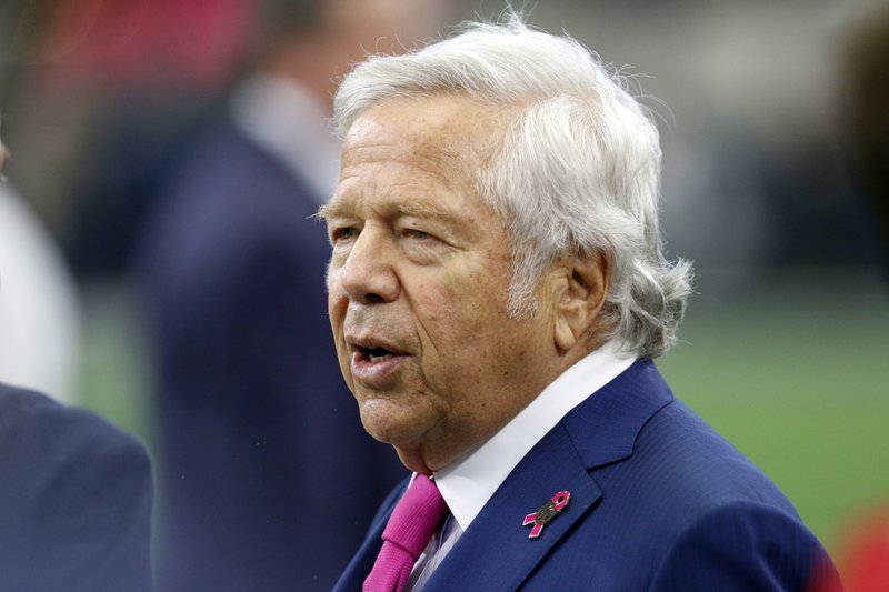 This Oct. 11, 2015 photo shows New England Patriots Chairman and CEO, Robert Kraft talking with others on the field as the team warms up before an NFL football game against the Dallas Cowboys in Arlington, Texas. (AP Photo/Roger Steinman)