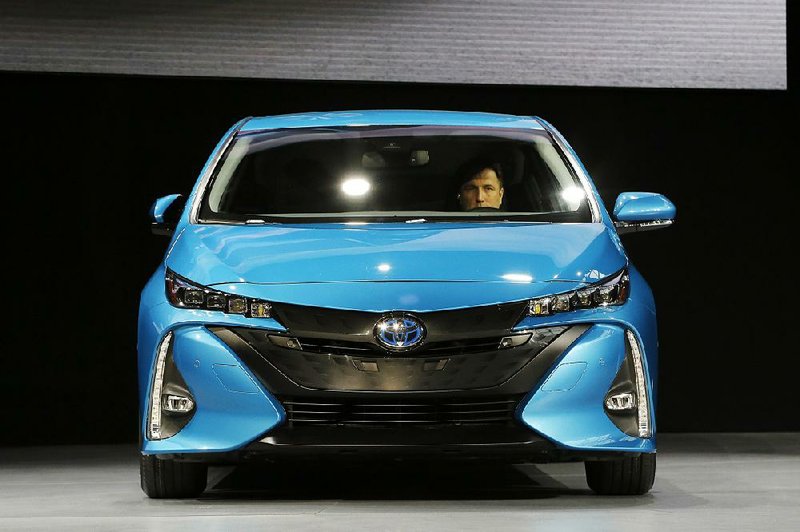 A 2017 Toyota Prius is displayed Wednesday at the New York International Auto Show at the Jacob K. Javits Convention Center in New York. 