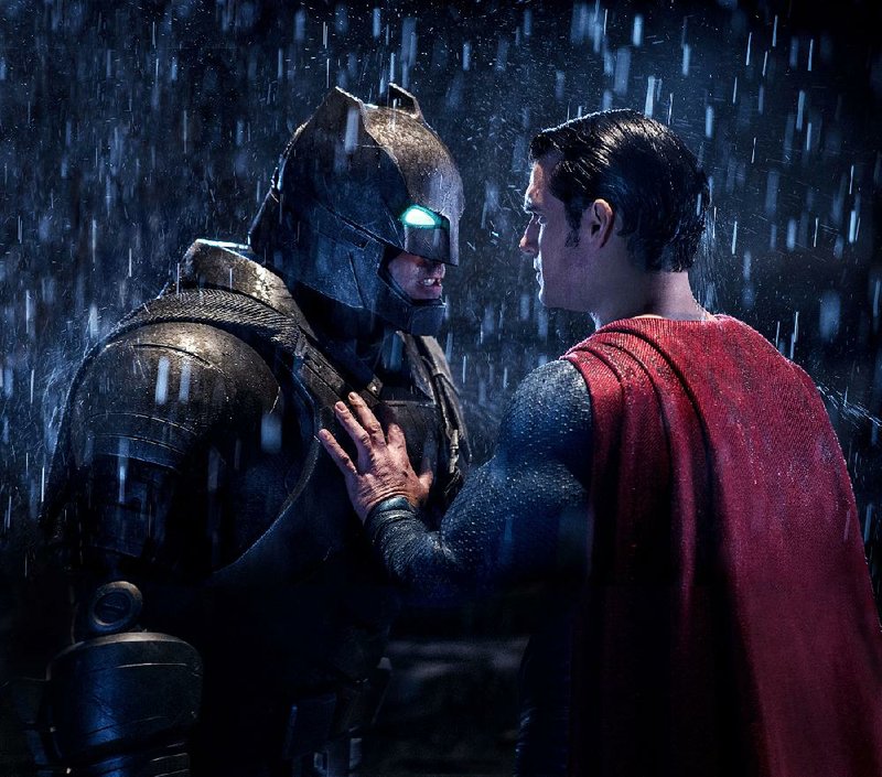 Batman and Superman confront each other. 