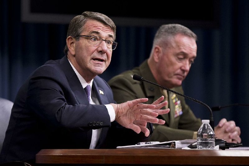 Defense Secretary Ashton Carter (left) and Joint Chiefs Chairman Gen. Joseph Dunford expressed optimism Friday regarding the fight against Islamic State militants. There has been “indisputable” momentum, Dunford said.