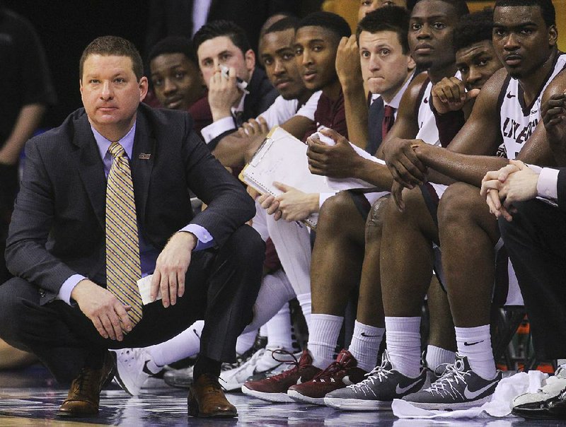 UALR coach Chris Beard talks to his team during their victory over UL Monroe to win the Sun Belt Conference Championships in New Orleans in this file photo.