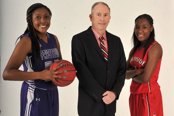 Jasmine Franklin (from left) of Fayetteville is Newcomer of the Year, Rickey Smith of Fort Smith Northside is Coach of the Year and Aahliyah Jackson of Fort Smith Northside is Player of the Year.