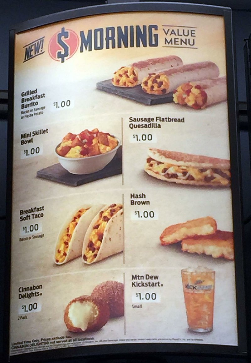The Morning Value Menu at Taco Bell features 10 choices that cost $1. 