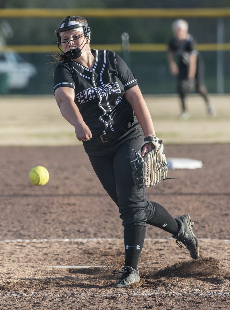 Maggie Mabry of Fayetteville pitches against Springdale Har-Ber during Thursday’s game at J.B. Hunt Park in Springdale. Fayetteville won 6-2.