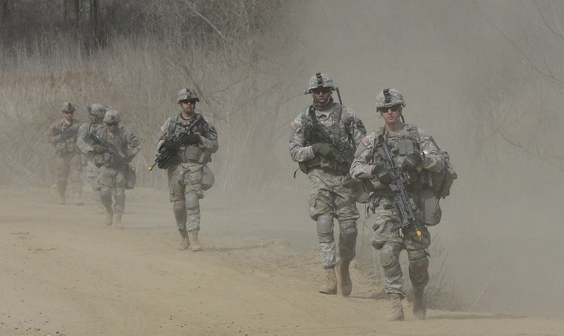 U.S. Army soldiers conduct the annual exercise in Paju, near the border with North Korea, Friday, April 1, 2016. North Korea fired a short-range missile into the sea on Friday, Seoul officials said, hours after the U.S., South Korean and Japanese leaders pledged to work closer together to prevent North Korea from advancing its nuclear and missile programs.