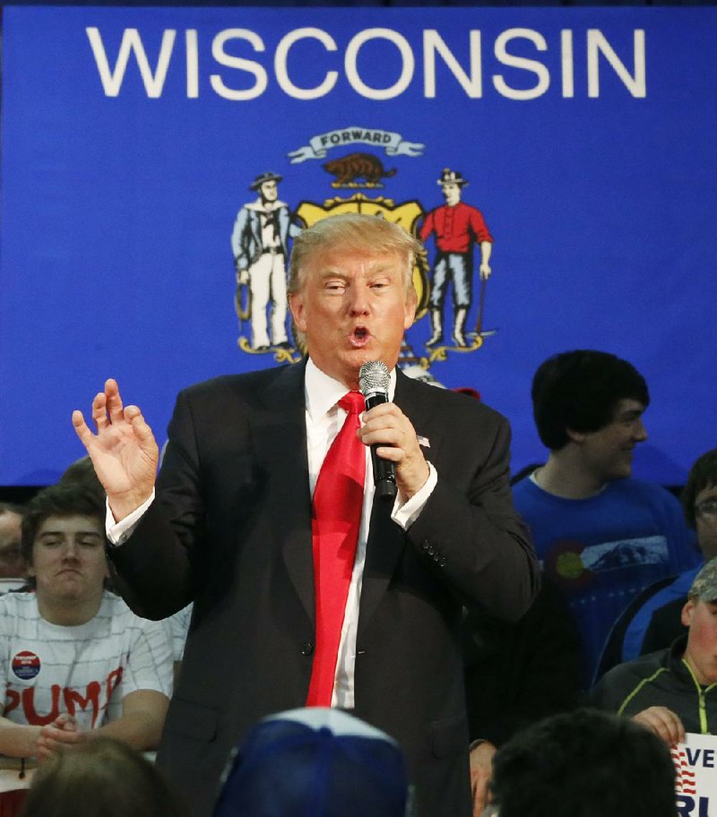 Republican presidential candidate, Donald Trump, participates in a town hall Saturday, April 2, 2016, in Rothschild, Wis. 