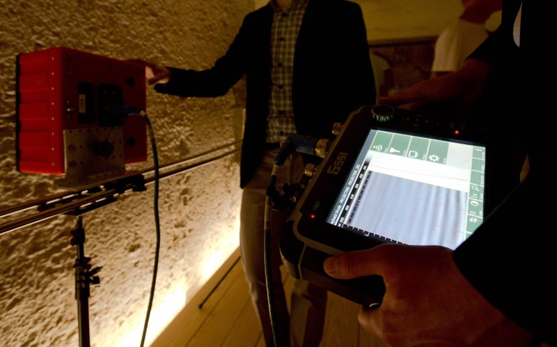 Radar scanning experts scan a wall at King Tutankhamun's burial chamber at his tomb at the Valley of the Kings in Luxor, Egypt, Friday, April 1, 2016.