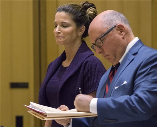 Stephanie Seymour appears for a hearing with her attorney Philip Russel at the Stamford Conn. Superior Court on Monday, April 4, 2016.