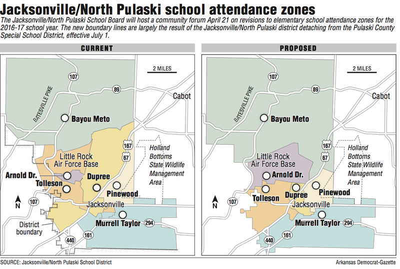 A map showing Jacksonville/North Pulaski school attendance zones.