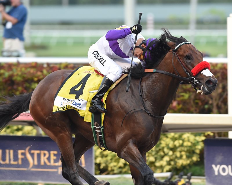 Nyquist, ridden by Mario Gutierrez, wins the Florida Derby horse race, Saturday, April 2, 2016, at Gulfstream Park in Hallandale Beach, Fla. 