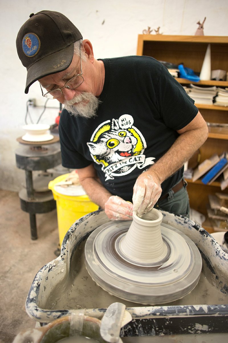 David Dahlstedt throws a beer stein while teaching a pottery class at the Arkansas Craft School in Mountain View. The school’s spring/summer season, which includes a sustainability weekend, is about to start.