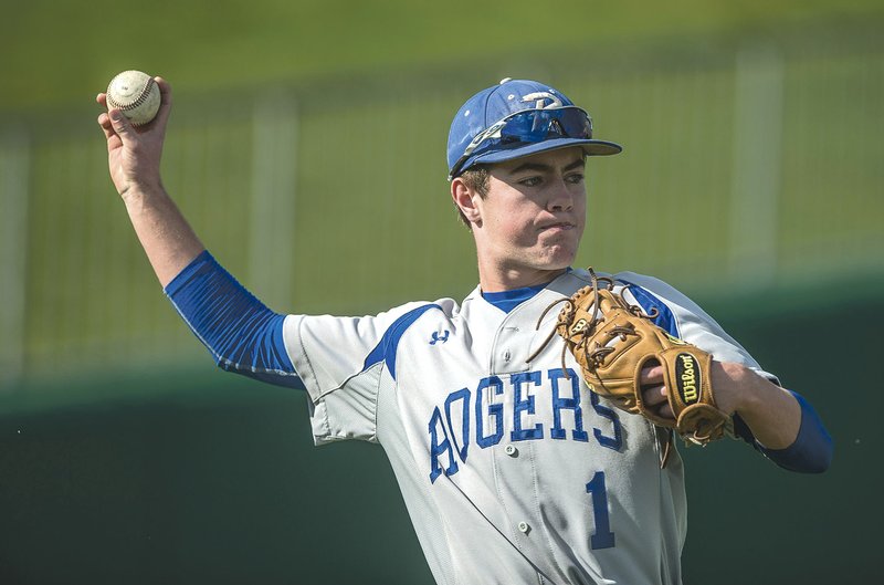 Luke McFadden, of the Rogers High School baseball Mounties, warms up before a game last month against Springdale Har-Ber High School at Arvest Ballpark in Springdale. Despite the chronic condition of cystic fibrosis and its treatments, Luke plays as a full member of the team.
