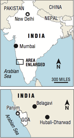 A map showing the location of Goa in India.