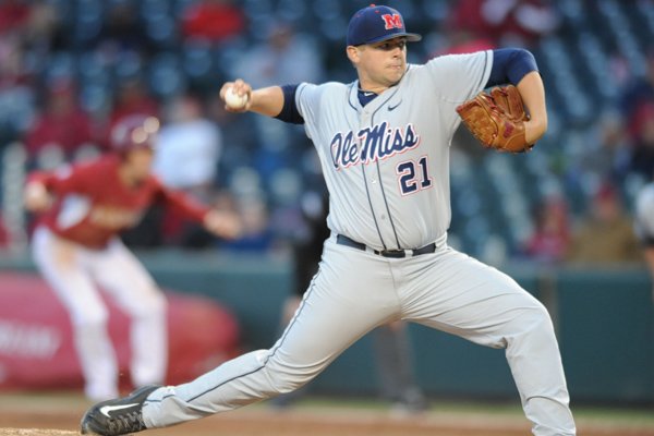 In this March 27, 2015, file photo, Ole Miss' Brady Bramlett delivers a pitch against Arkansas during the third inning of a game at Baum Stadium in Fayetteville. Bramlett struck out 12 Razorbacks in a game in Oxford, Miss., Friday, April 9, 2016.