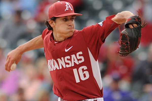 Arkansas reliever Blaine Knight delivers against Western Illinois Saturday, March 12, 2016, during the Razorbacks' 9-3 win at Baum Stadium. 