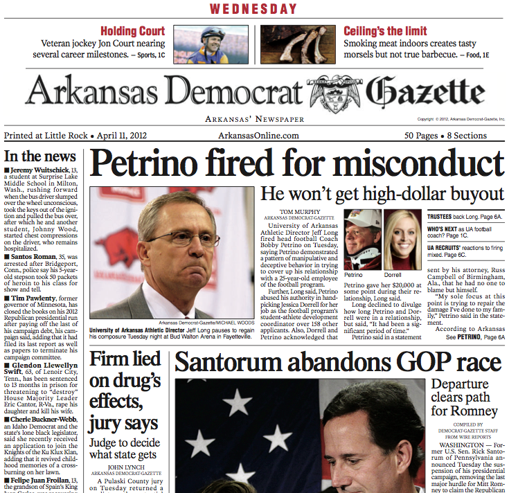Front page of the Arkansas Democrat-Gazette on April 11, 2016