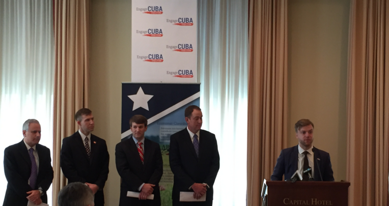 James Williams, president of Engage Cuba, introduces officials representing rice growers and the governments of Cuba and Arkansas during a press conference at the Capital Hotel in Little Rock Monday calling on Congress to end the embargo. 