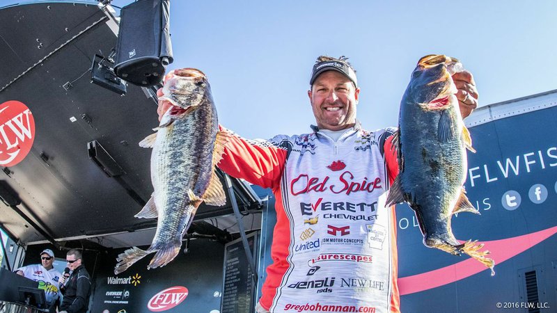 Greg Bohannan of Bentonville shows two bass he caught at Lake Okeechoee in Florida this season on the Walmart FLW Tour. Bohannan and other FLW pros will be out in the community this week visiting with students, hospital patients and others.