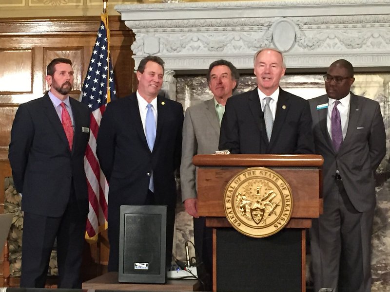 Gov. Asa Hutchinson speaks Tuesday April 12, 2016, at the state Capitol on funding of Arkansas' expanded Medicaid program.