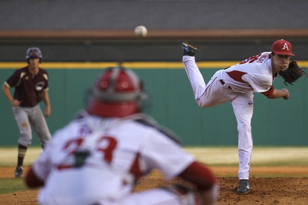 Arkansas pitcher Blaine Knight throws to a Louisiana-Monroe batter Tuesday, April 12, 2016, at Dickey-Stephens Park in North Little Rock.