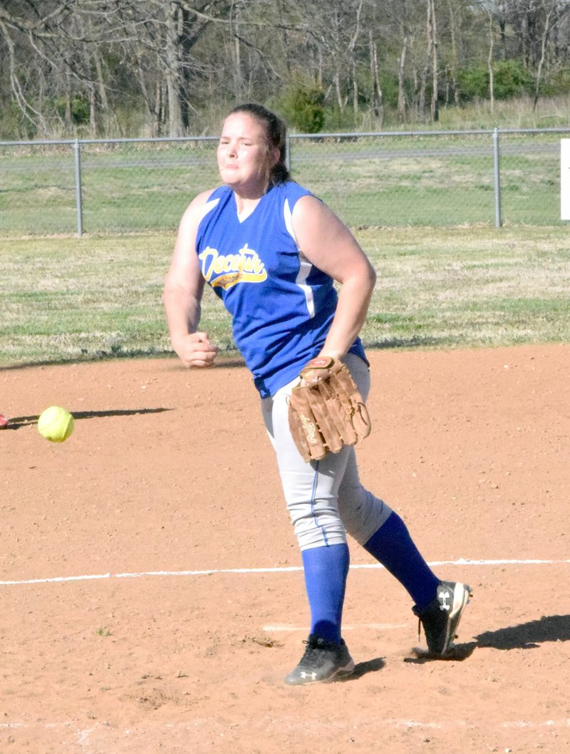 Photo by Mike Eckels Decatur&#8217;s Cameron Shaffer pitches to a Highlander batter during the April 4 Decatur-Eureka Springs conference opener at Edmiston Park.