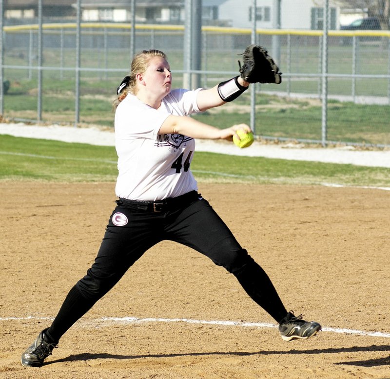 File Photo by Randy Moll Alyssa Kelton fires off a pitch in recent play at the Merrill Reynolds Memorial Complex in Gentry.