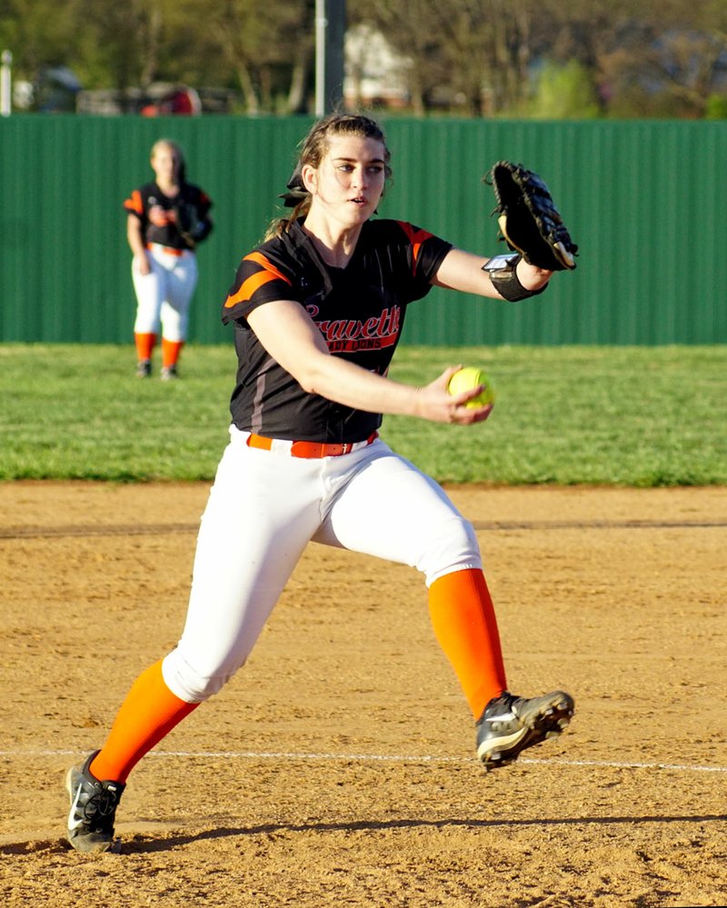 File Photo by Randy Moll Lindsey Sharp prepares to throw a pitch during a recent Lady Lion home game in Gravette.