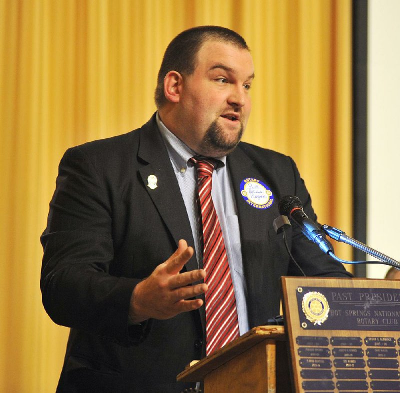Oaklawn Park's new track announcer Pete Aiello speaks at the Hot Springs National Park Rotary Club's weekly meeting at the Arlington Resort Hotel & Spa on Wednesday, Jan. 13, 2016.