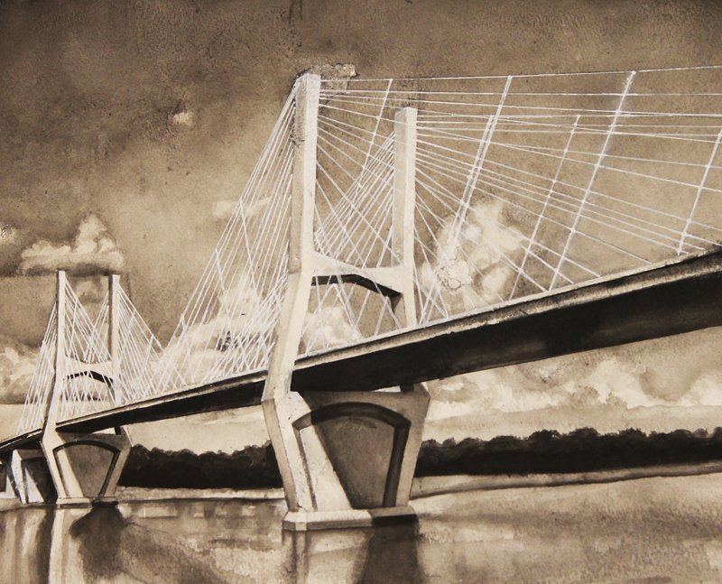 Mussler’s art is an ink painting of the Greenville Bridge, a cable-stayed bridge between Lake Village and Greenville, Miss., across the Mississippi River.