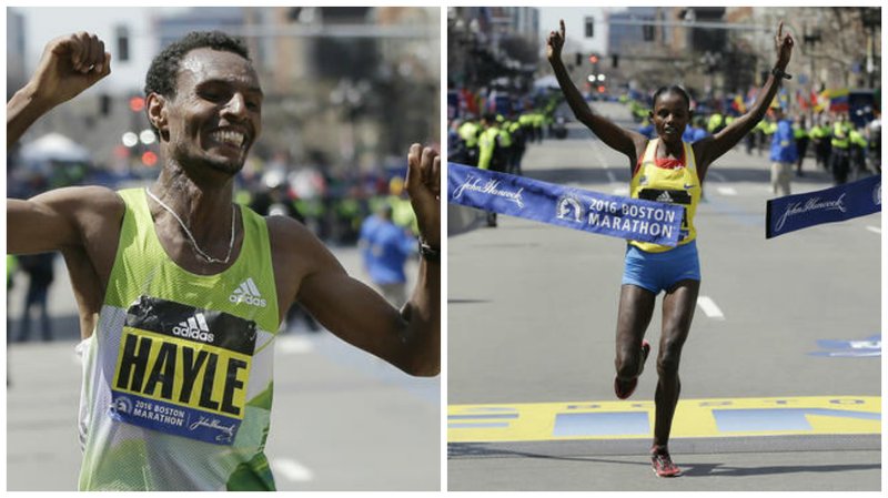 Lemi Berhanu Hayle, left, and Atsede Baysa, both of Ethiopia, won the 120th Boston Marathon on Monday, April 18, 2016, in Boston.