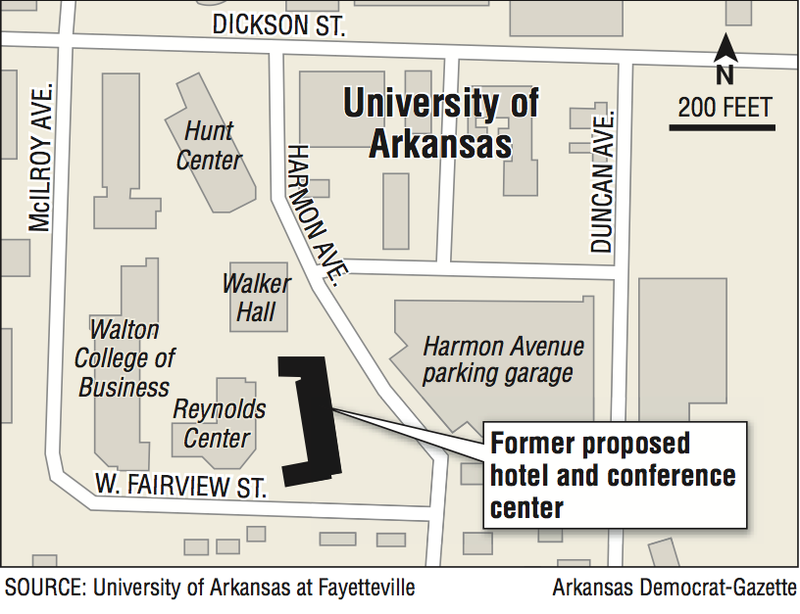 A map showing the location of the former proposed hotel and conference center at University of Arkansas.
