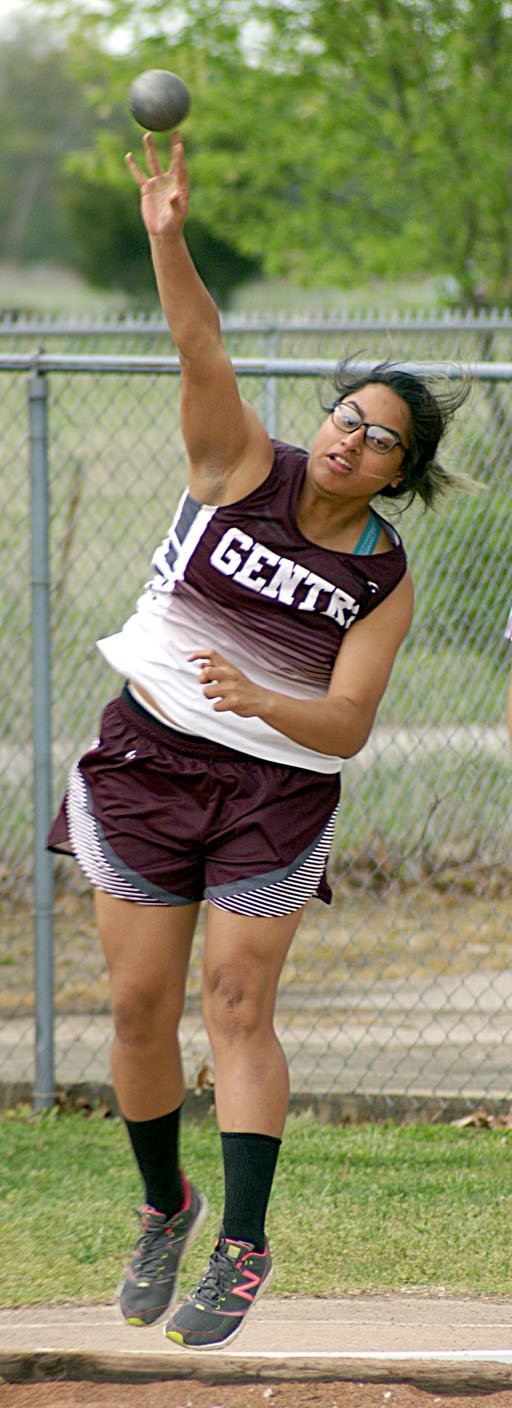 Photo by Randy Moll Chastery Fuamatu of Gentry throws the shot at the Pioneer Relays at Gentry High School on Friday (April 15, 2016).