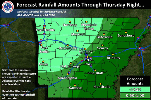 Scattered showers bringing an additional 2 inches of rain to southern Arkansas will continue to move across the state Wednesday. 