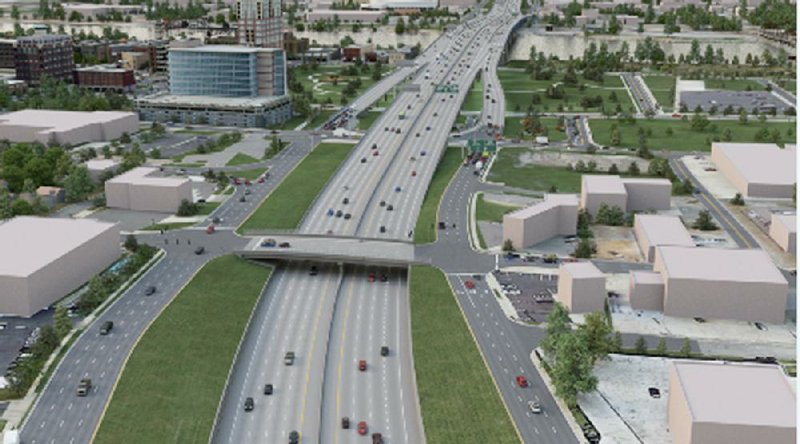 This three-dimensional rendering shows one of two alternative plans for renovating the Interstate 30 corridor through downtown Little Rock and North Little Rock. This six-lane alternate with collector/distributor lanes, eliminates the Arkansas 10 interchange and creates a new interchange between East Fourth and East Ninth streets. 