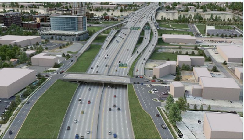 This three-dimensional rendering shows one of two alternative plans for renovating the Interstate 30 corridor through downtown Little Rock and North Little Rock. The six-lane with collector/distributor lanes alternative features a new Arkansas 10/Cantrell Road interchange. 
