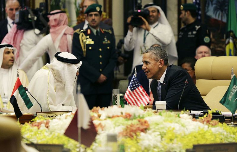 President Barack Obama speaks with Abu Dhabi’s Crown Prince Sheikh Mohamed bin Zayed Al Nahyan during a Gulf Cooperation Council session in Riyadh, Saudi Arabia, on Thursday. 