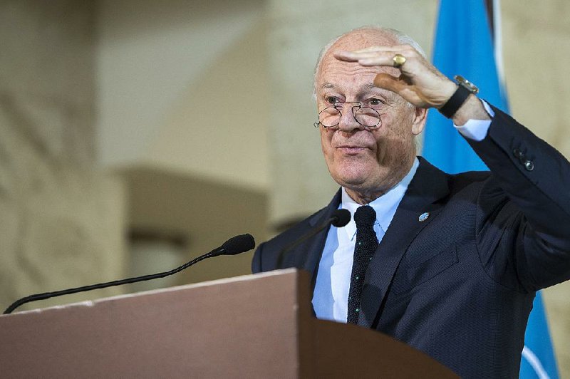 Staffan de Mistura, special envoy of the U.N. secretary-general for Syria, speaks after the update on the Task Force for Humanitarian Access in Syria at the European headquarters of the United Nations in Geneva on Thursday. 