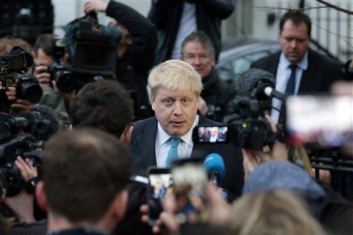 In this Sunday Feb. 21, 2016 file photo, London Mayor Boris Johnson makes a statement outside his home in London. 