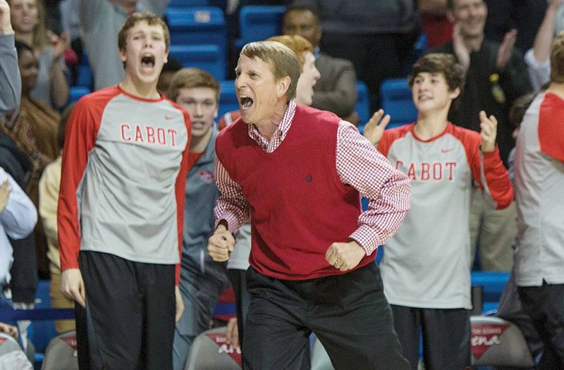 Cabot Panthers coach Jerry Bridges shows his excitement during the Class 7A state championship game March 11 at Bank of the Ozarks Arena in Hot Springs. Bridges is the 2016 Three Rivers Edition Coach of the Year.