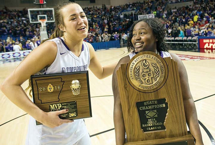 Riverview’s Madison Riley, left, the team’s MVP, and Chacoila Brown hold the team’s trophies after winning the Class 4A state championship March 11. Riley is the 2016 Three Rivers Edition Girls Player of the Year.
